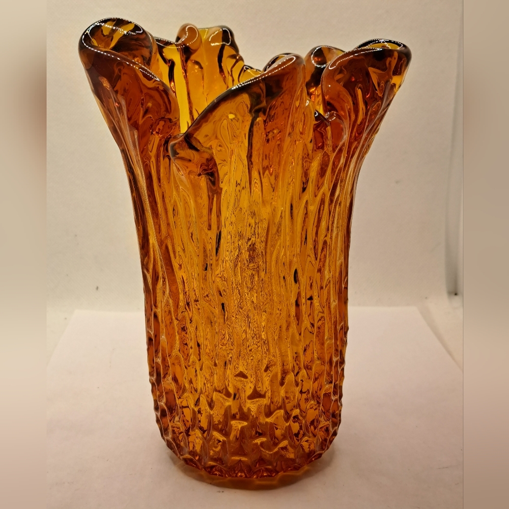 Marigold amber glass vase heavily texture